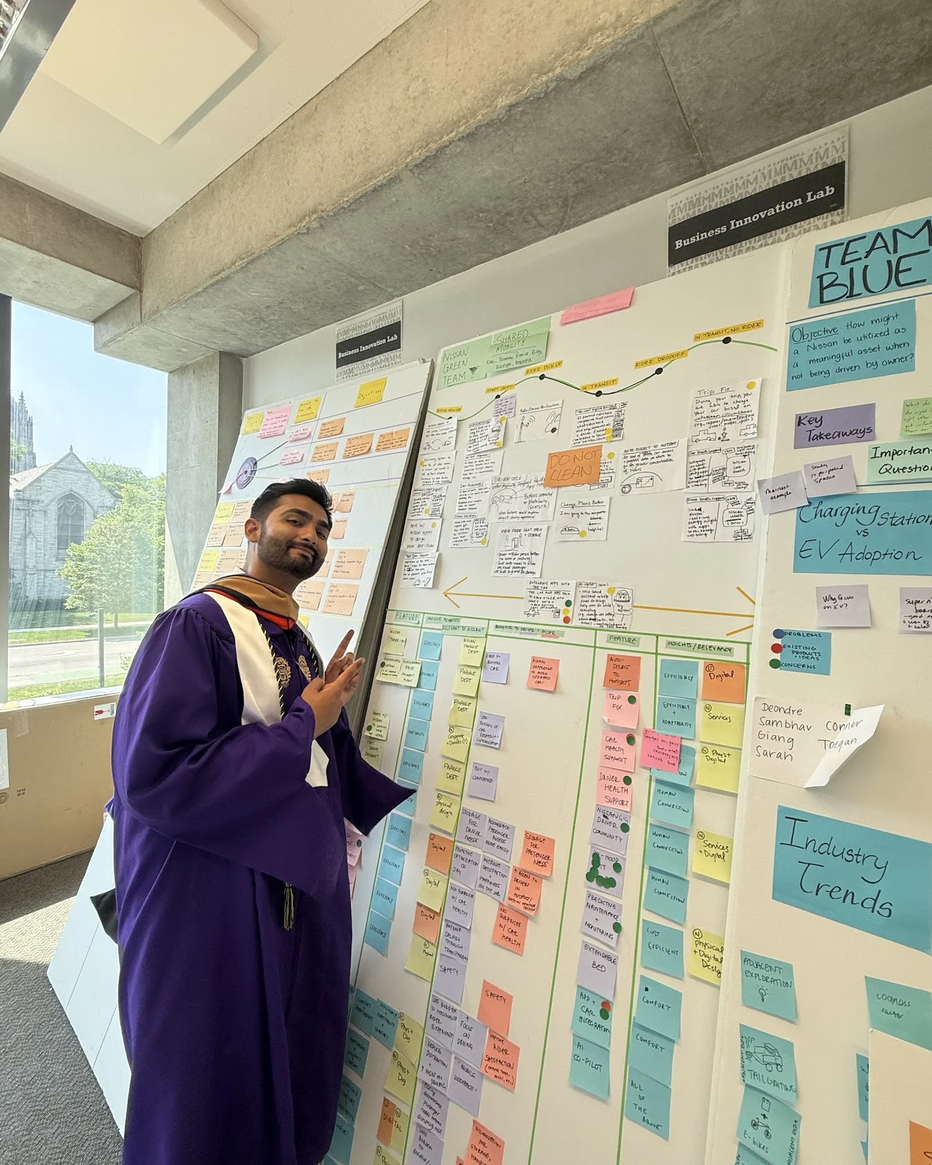 Standing beside project boards covered in research and sticky notes at the Business Innovation Lab.
