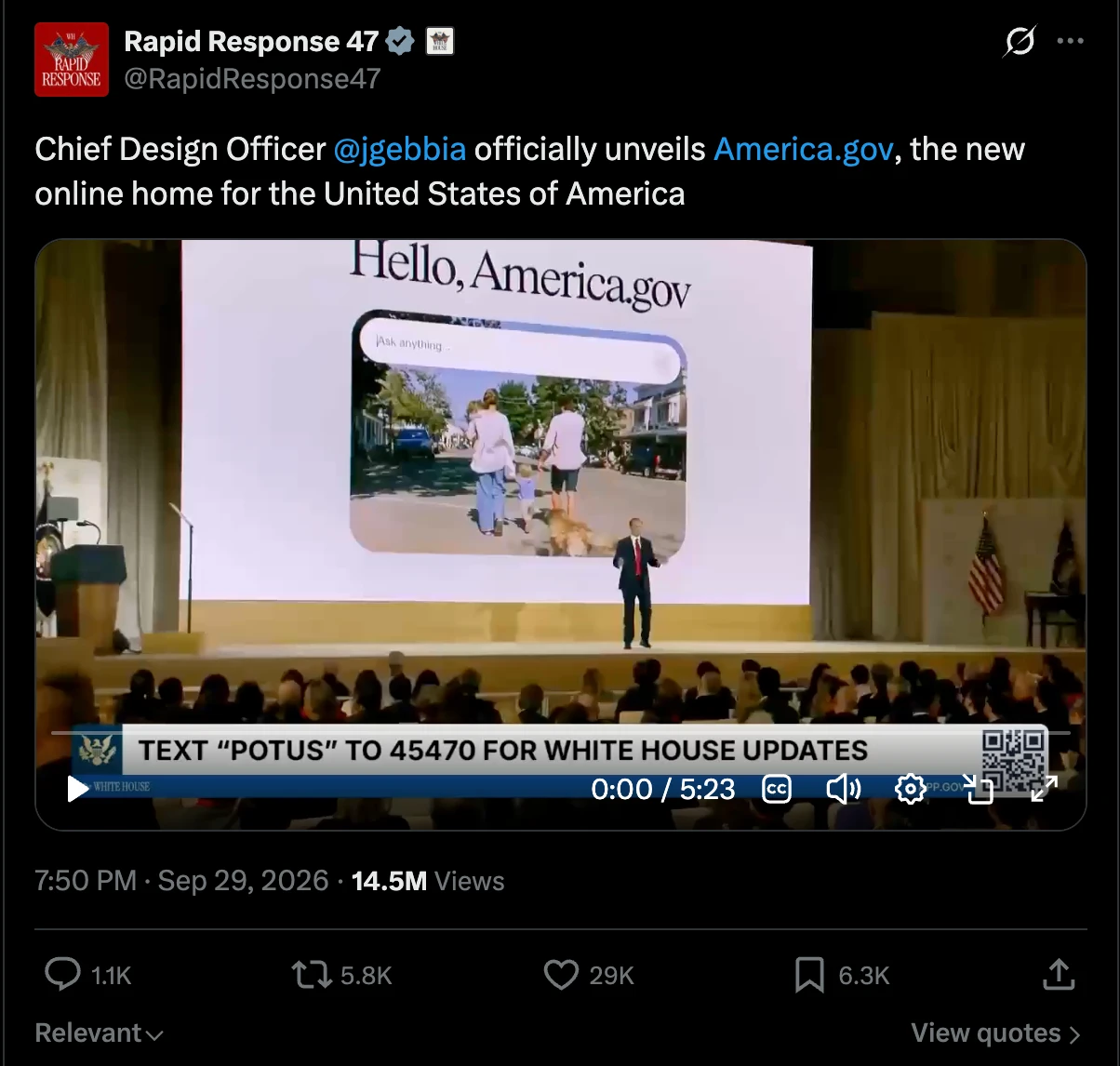 Rapid Response 47 post showing Joe Gebbia unveiling America.gov.