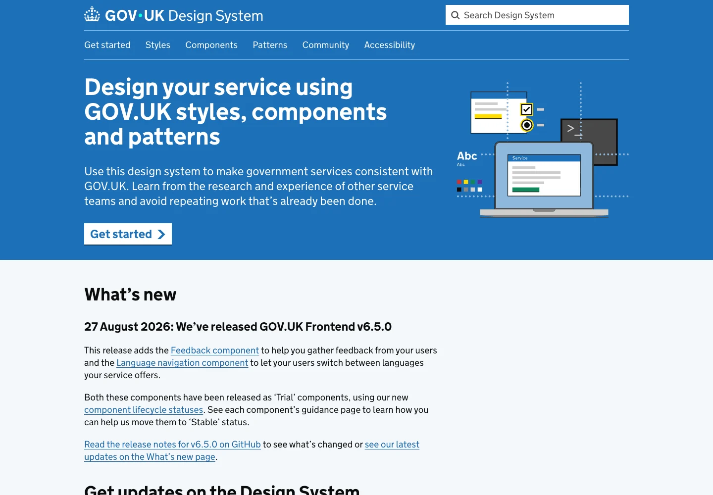 GOV.UK Design System showing shared styles, components and patterns for government services.